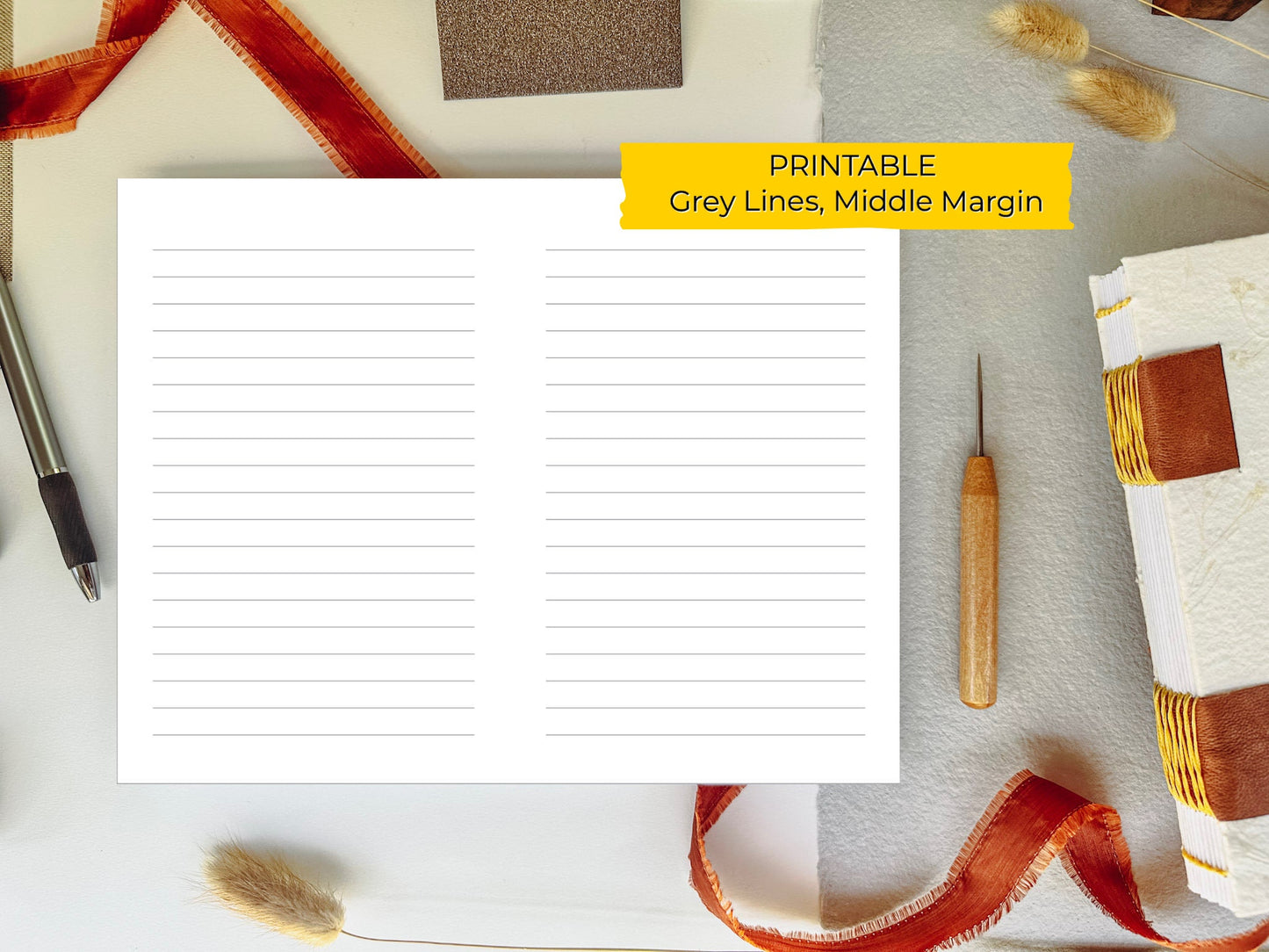 8.5 x 11 - Middle Margin LINED/RULED PRINTABLE Digital Book Binding Signature File - Grey Lines