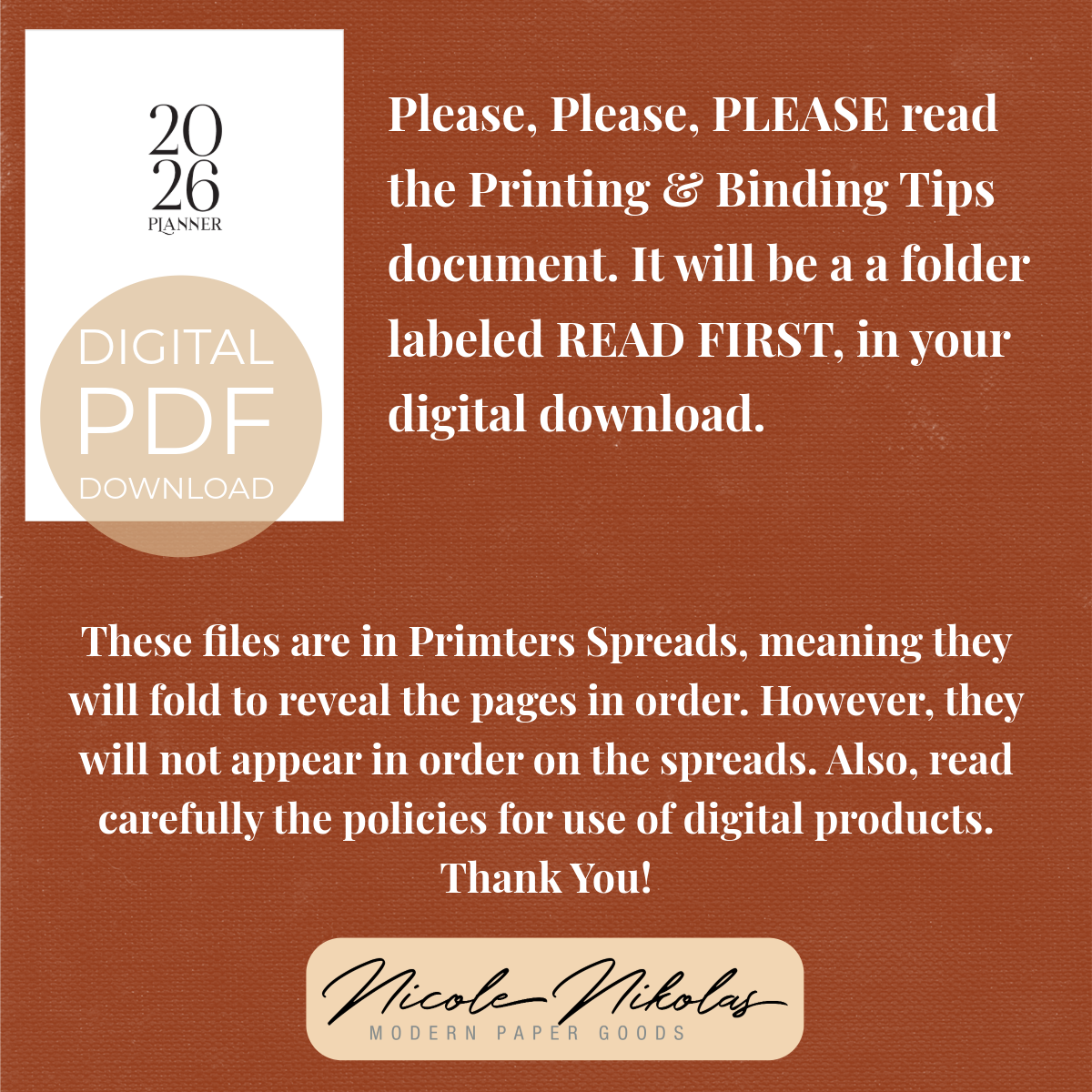 2026 Printable WEEKLY Planner Digital PDF - Book Binding Signatures