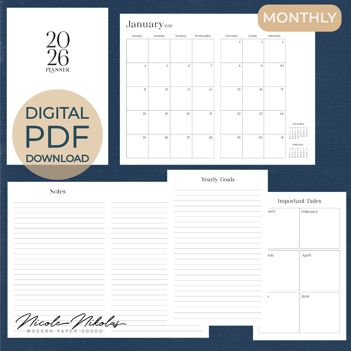 2026 Printable MONTHLY Planner Digital PDF - Book Binding Signatures