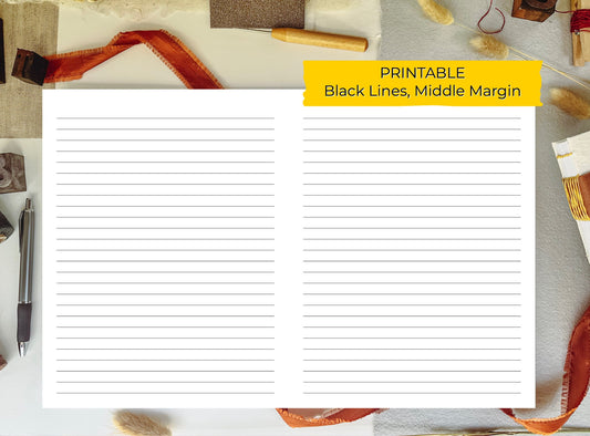 11 x 17 Middle Margin LINED/RULED PRINTABLE Digital Book Binding Signature File - Black Lines