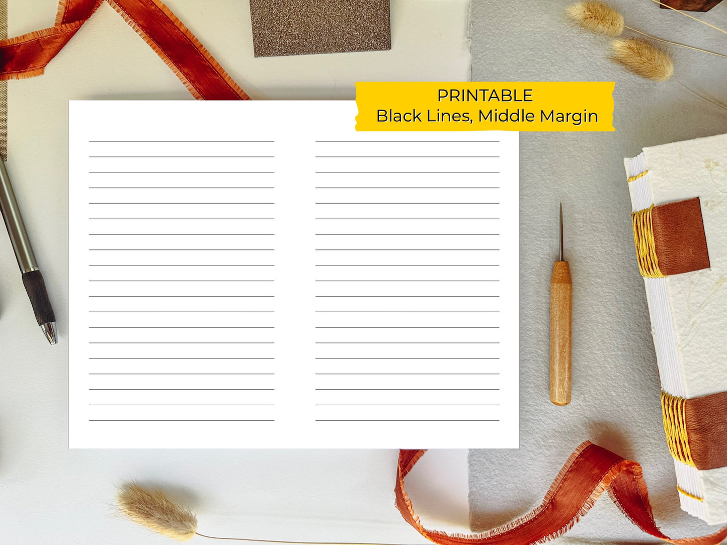 8.5 x 12 - Middle Margin LINED/RULED PRINTABLE Digital Book Binding Signature File - Black Lines